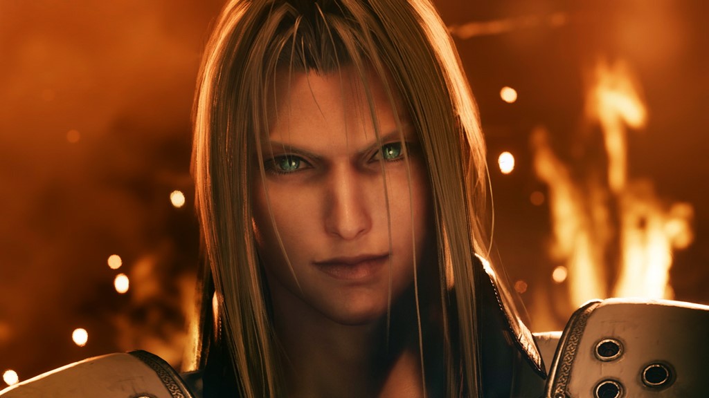 Sephiroth standing in a burning building.