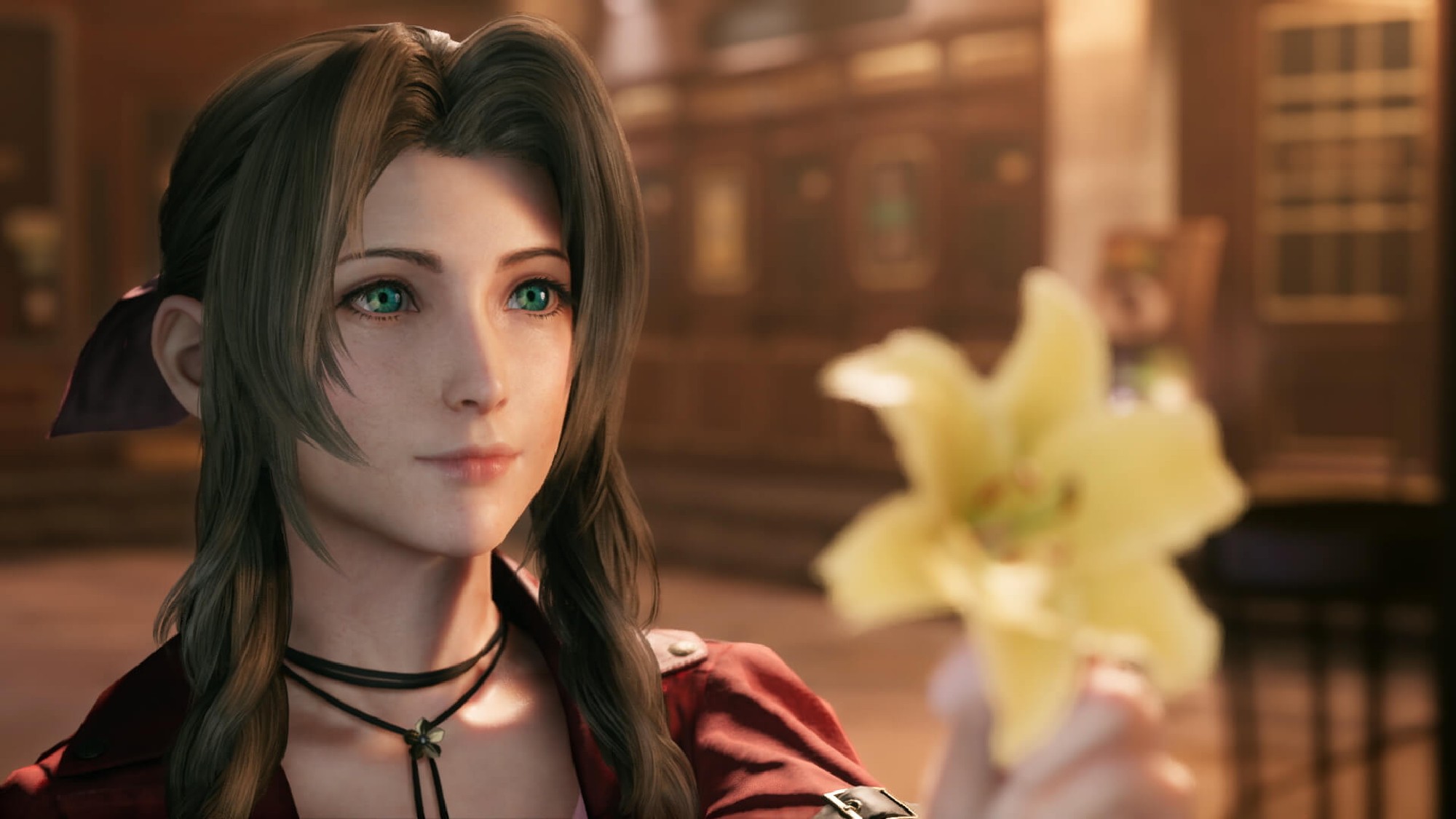 Aerith holding out a yellow flower.
