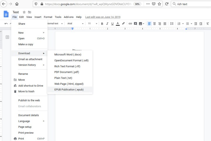 Google Docs screenshot showing Download menu which displays various file format options.