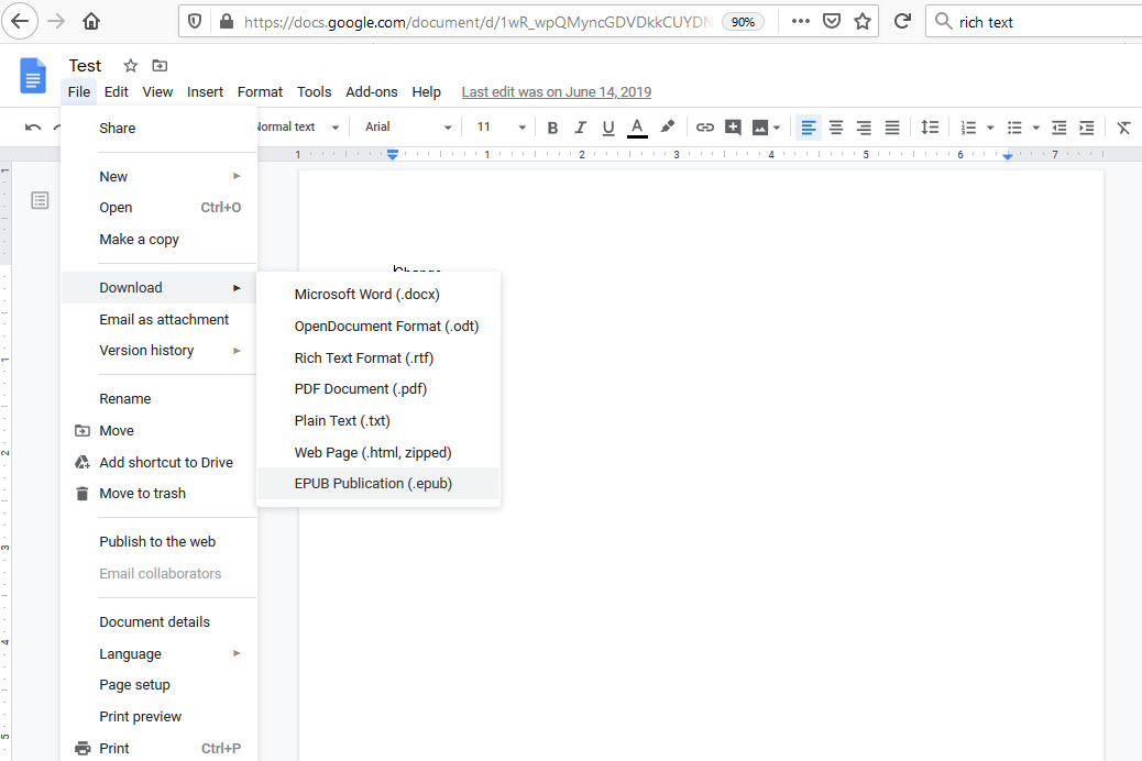Captura de tela do Google Docs mostrando o menu Download que exibe várias opções de formato de arquivo.