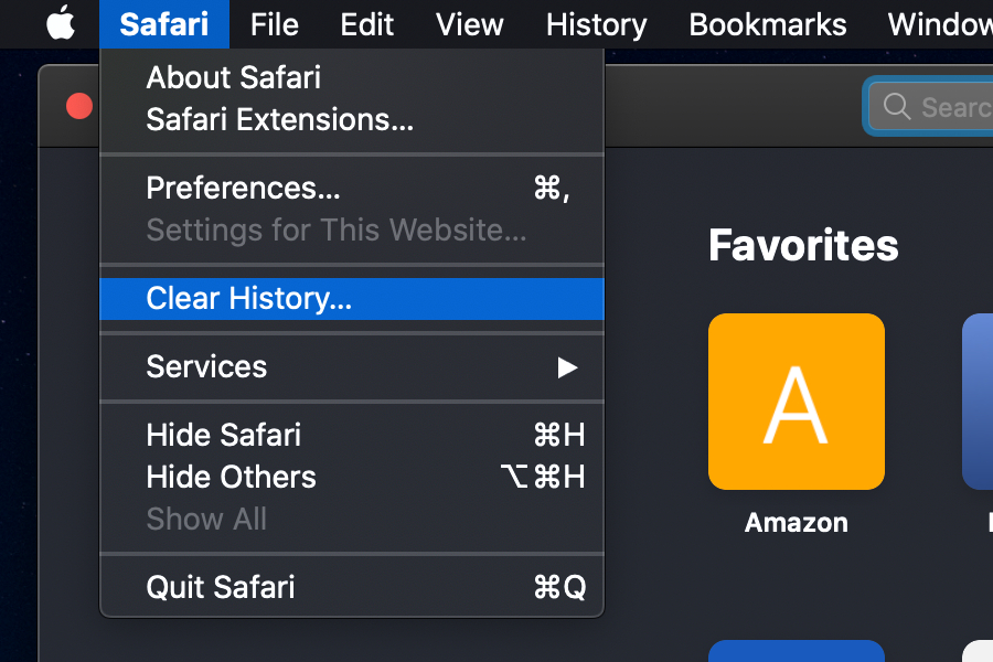 The Clear History option in Safari for macOS.