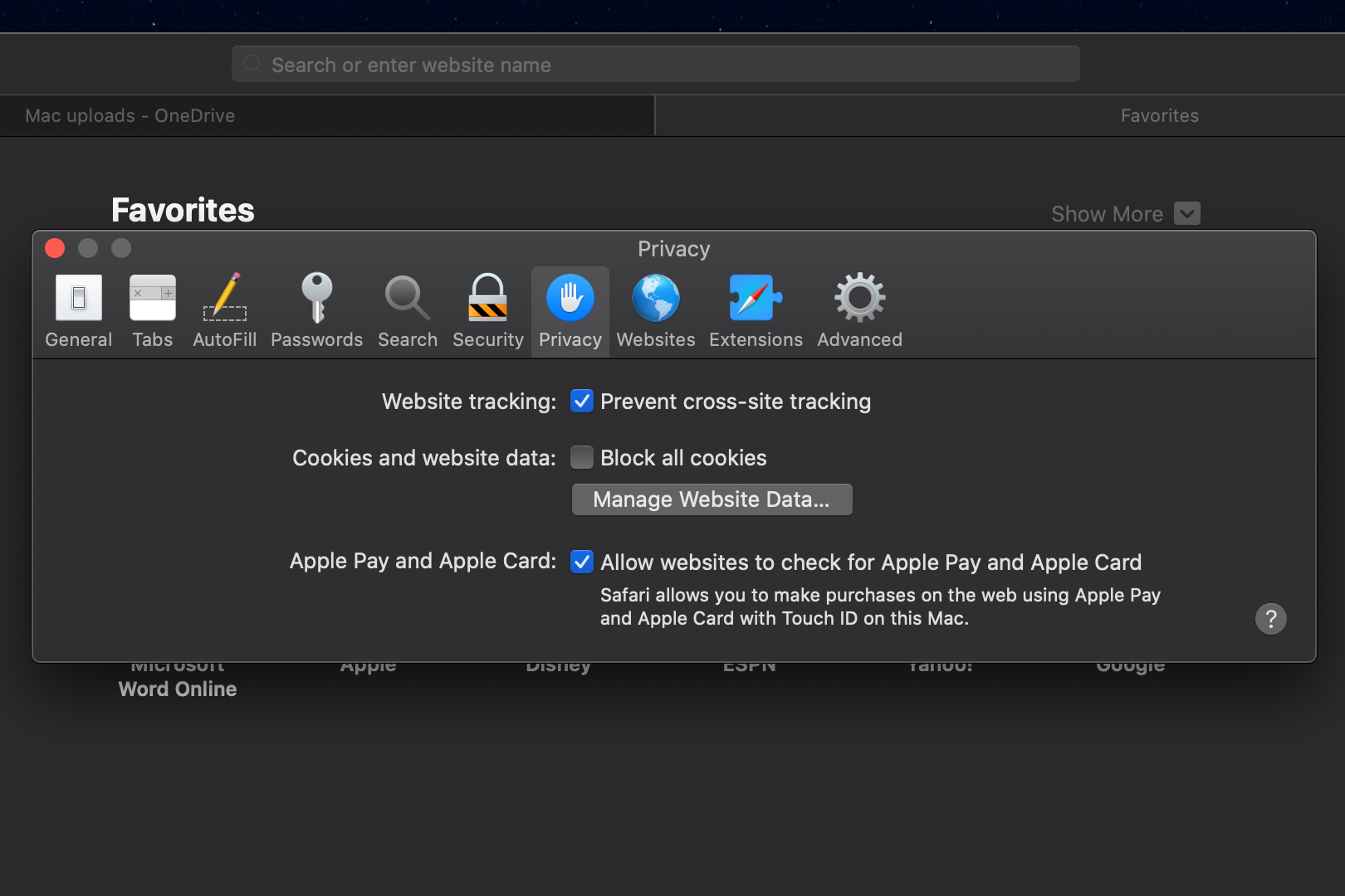 The Cookie settings in Safari for macOS.