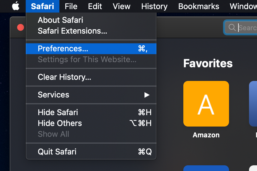 The Preferences option in Safari for macOS.