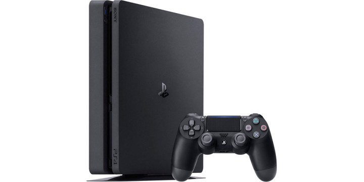 A PS4 Pro standing upright against a white background.