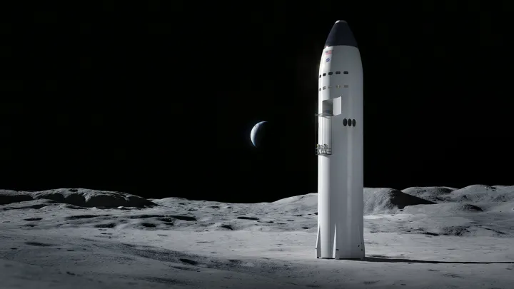 Artist concept of the SpaceX Starship on the surface of the Moon.