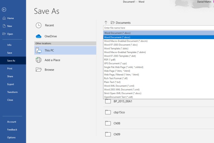 Desktop screenshot showing Microsoft Word Save As menu and its various file format options.