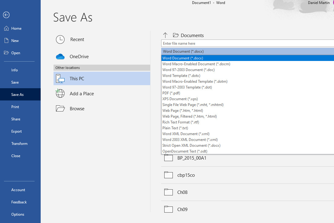 Desktop-Screenshot mit dem Microsoft Word-Menü „Speichern unter“ und seinen verschiedenen Dateiformatoptionen.