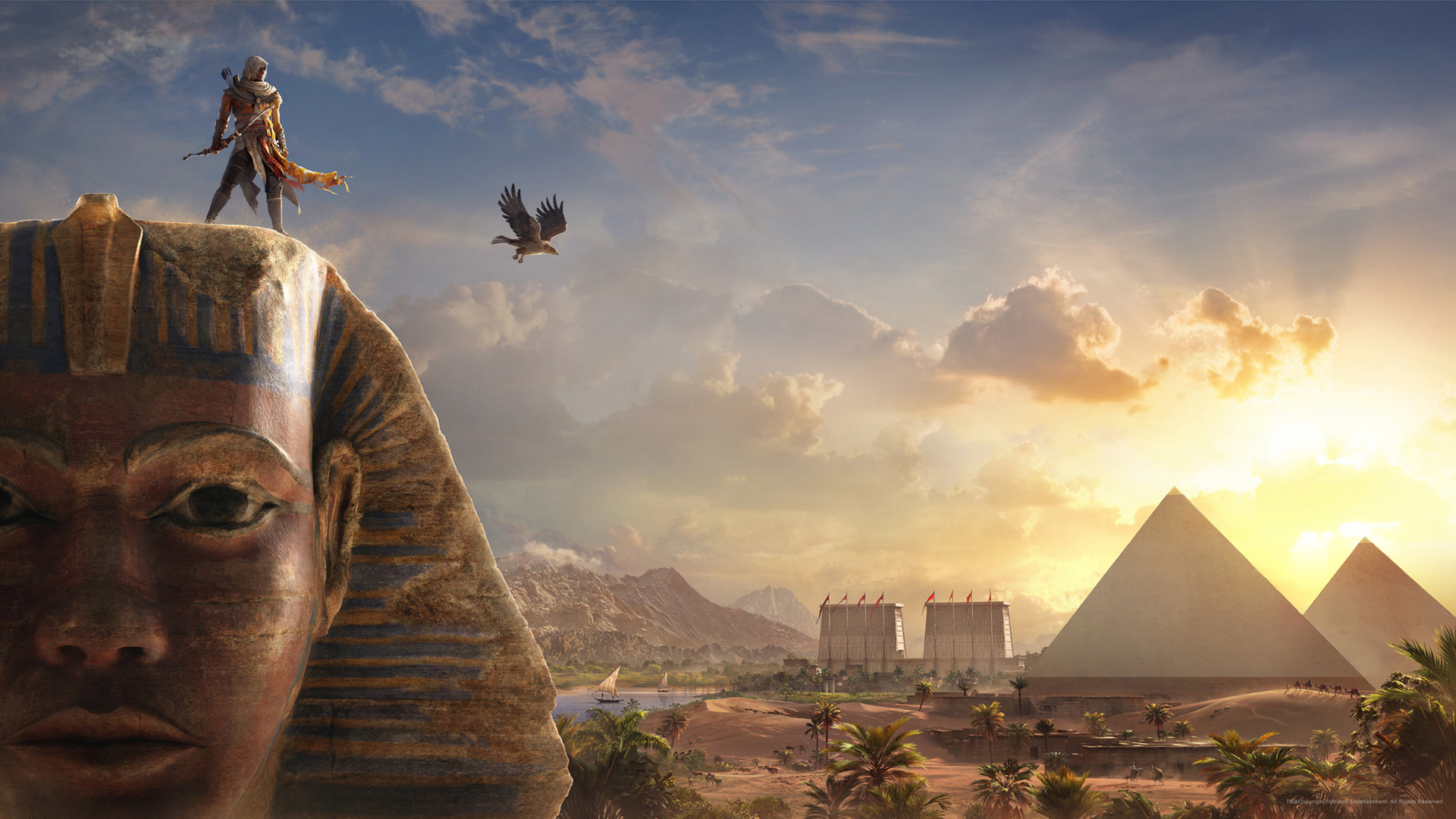 Bayek no topo do Sphynx e com vista para o Egito antigo em uma imagem promocional de Assassin's Creed Origins.