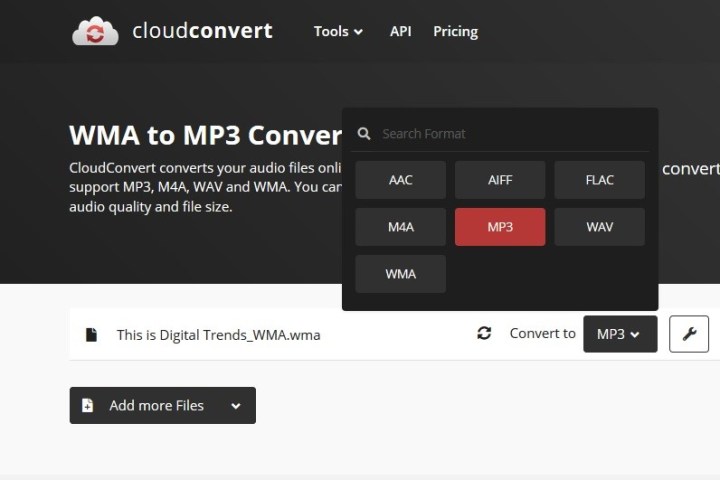 Choose Mp3 output format Cloud convert screenshot