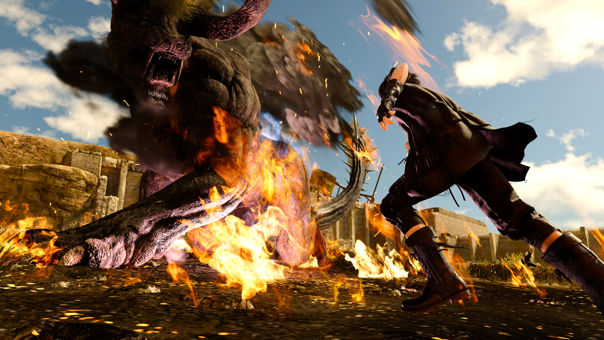 Noctus atacando a una bestia gigante con cuernos en llamas.