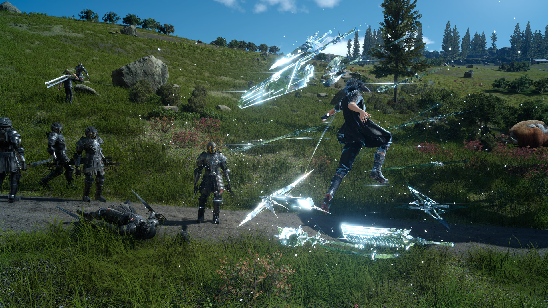 Final Fantasy XV's heroes stand on a grassy field.