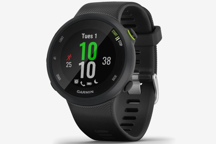 Garmin Forerunner 45 on a white background and displaying workout details. 