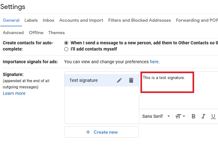Capture d'écran de la signature électronique Gmail