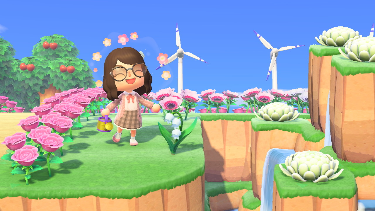 Player watering flowers in Animal Crossing: New Horizons.