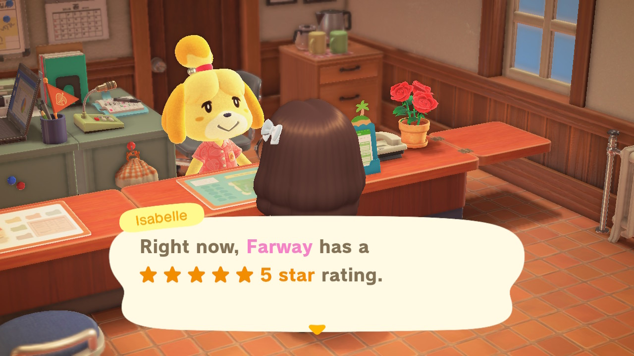 Isabelle rating town in Animal Crossing: New Horizons.