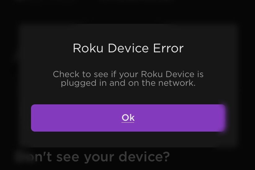 Roku App No Device Found screen.