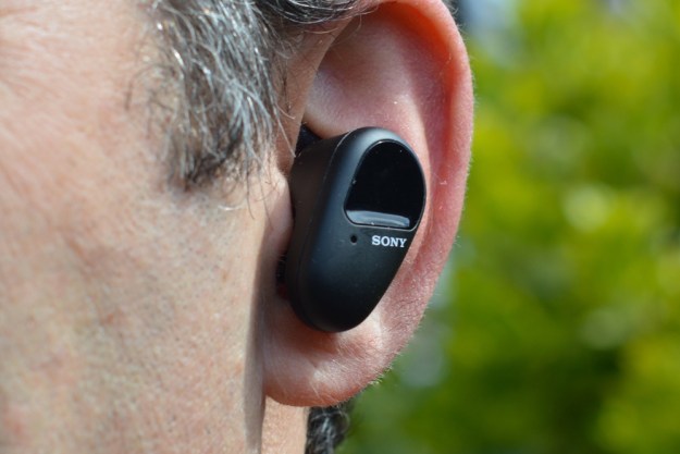 The Sony WF-SP800N earbud in an ear.