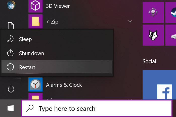 The button to restart Windows 10 via the Start menu.