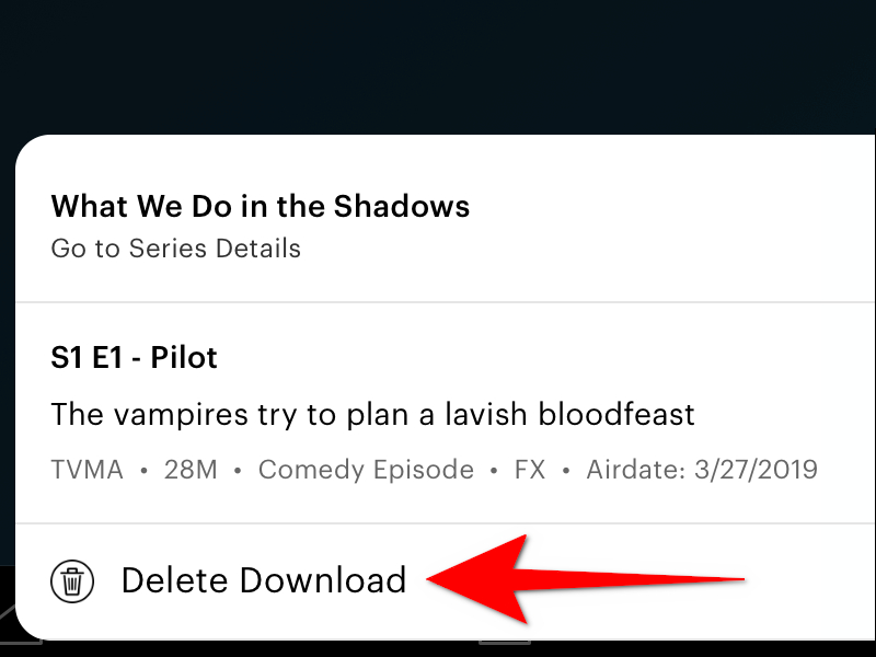 Hulu screen showing how to delete downloaded content.