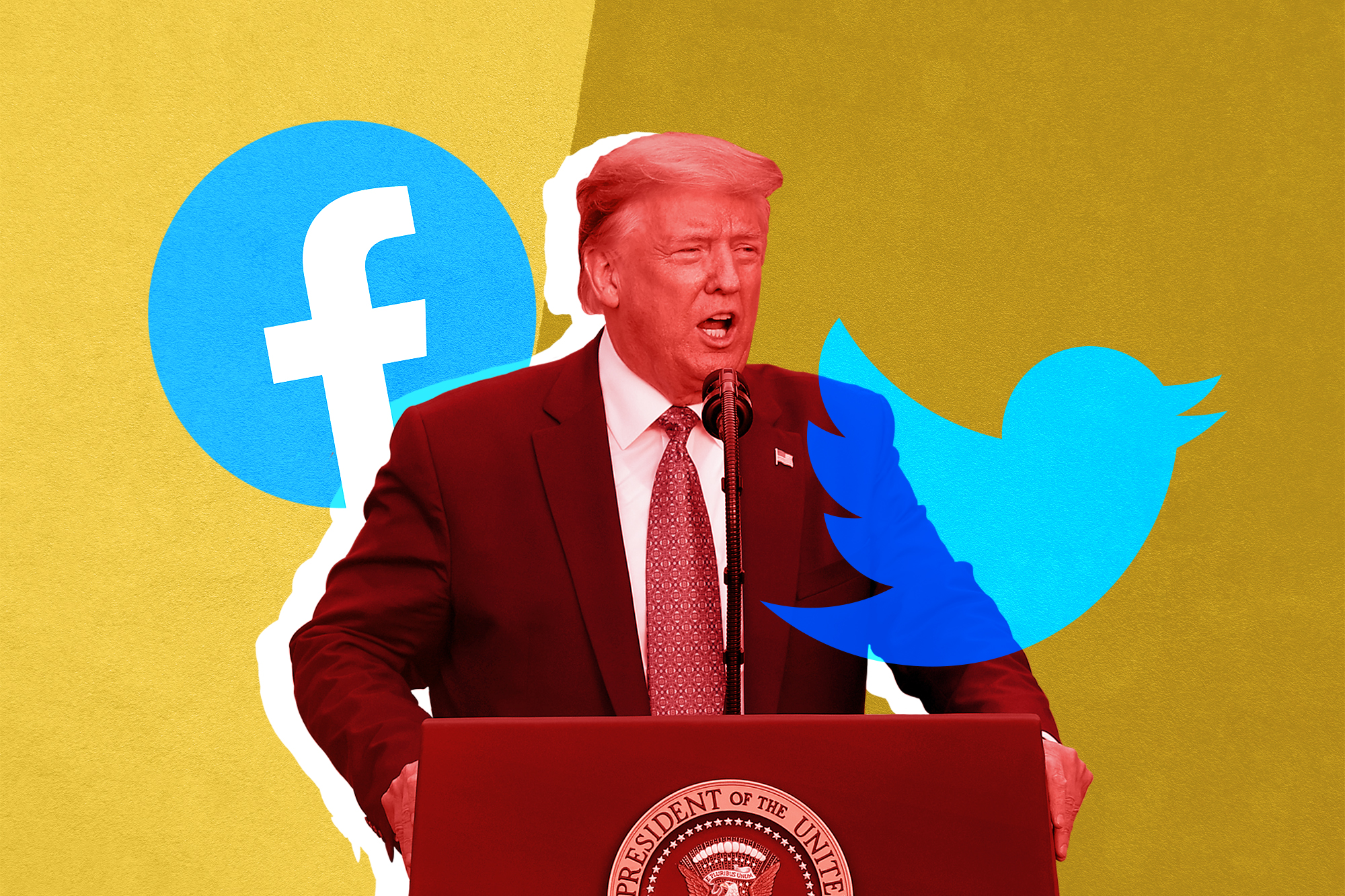 Trump with Facebook and Twitter logos stylized image