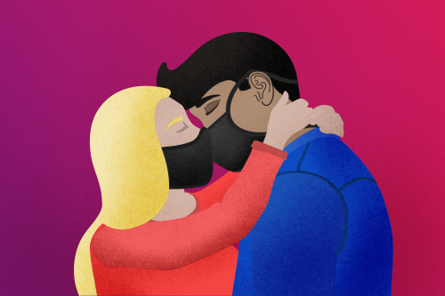 two people kissing with masks on illustration