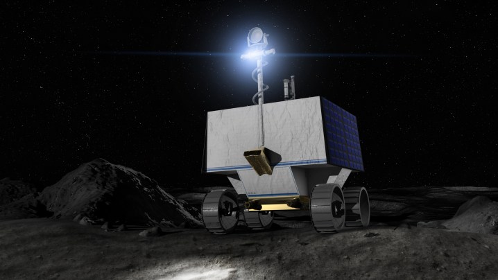 Una ilustración del Rover de Exploración Polar de Investigación de Volátiles (VIPER) de la NASA en la superficie lunar.