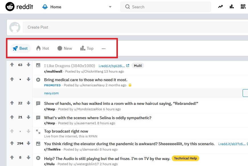 Reddit front page screenshot highlighting ways to sort posts featured on front page.