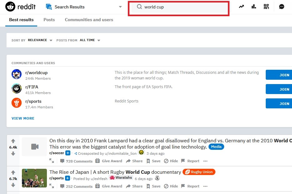 Captura de pantalla de los resultados de búsqueda del tema de la copa mundial de Reddit.