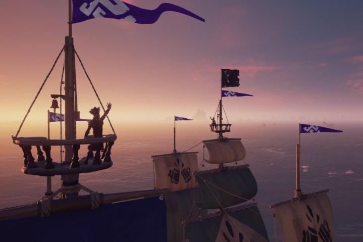 A pirate in a crows nest in Sea of Thieves.