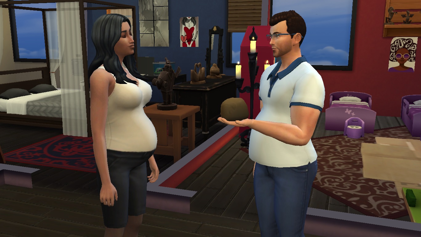 द सिम्स 4 में एक गर्भवती महिला एक पुरुष से बात कर रही है।