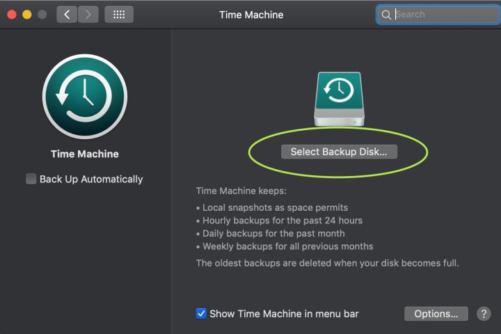 صفحه پشتیبان گیری Time Machine در MacOS.