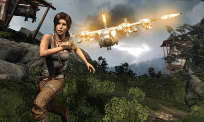 Lara Croft runs from a crashing plane in Tomb Raider.