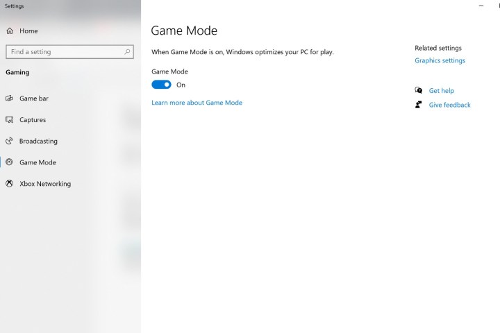 The Windows Game Mode setting toggled on.