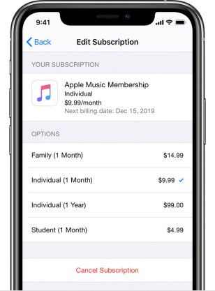 Settings to change your Apple Music subscription on iPhone.