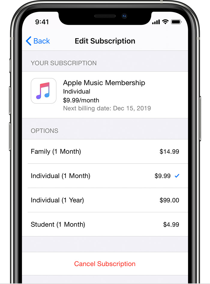 تنظیمات برای تغییر اشتراک Apple Music در iPhone.