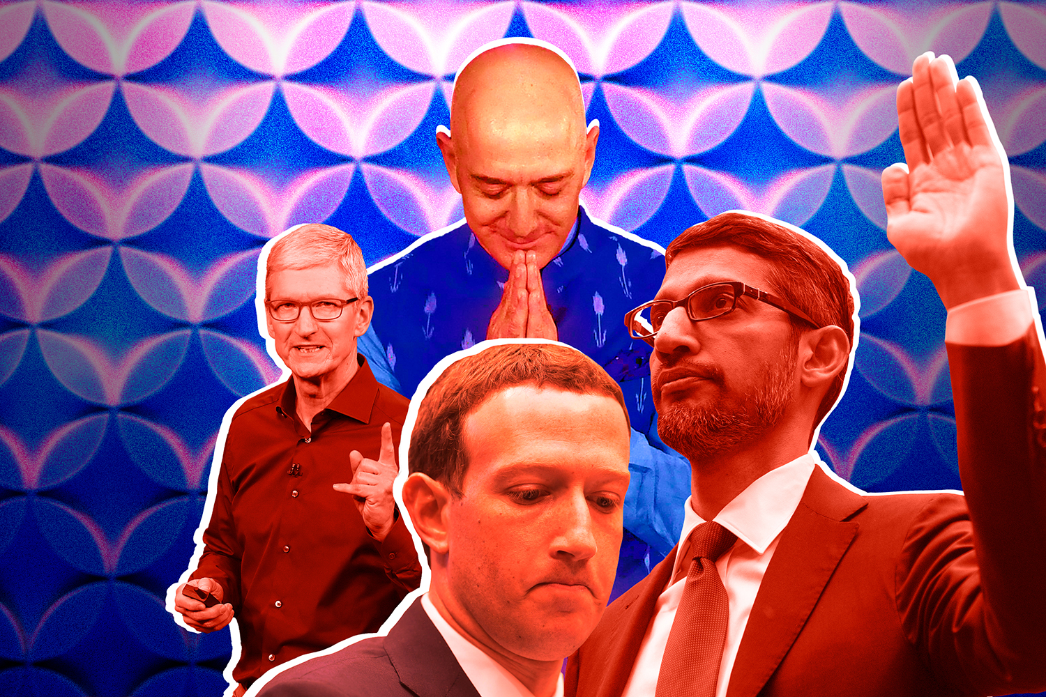 A stylized graphic featuring Tim Cook, Jeff Bezos, Mark Zuckerberg, Sanderson Pichai.