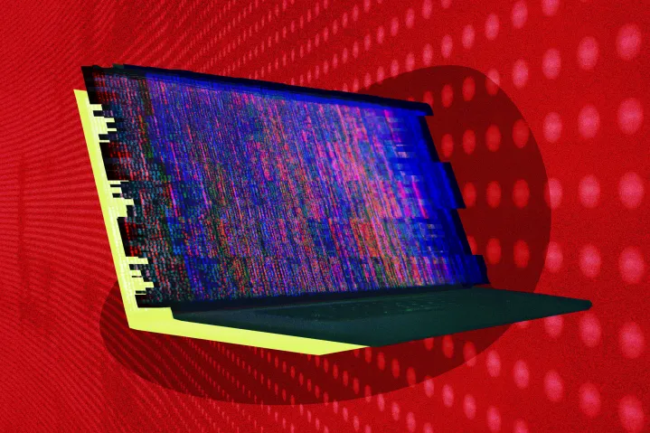 A digital depiction of a laptop being hacked by a hacker.