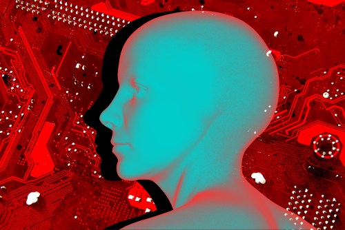 Profile of head on computer chip artificial intelligence.