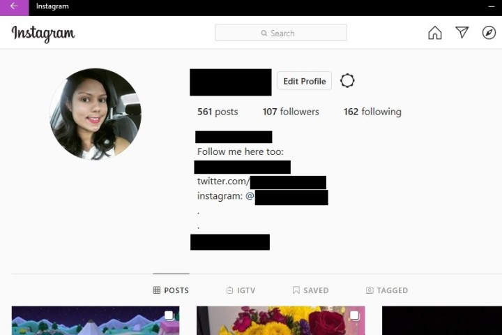 A user profile displayed on the Instagram app for Windows 10.