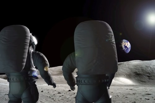 An illustration showing astronauts on the moon.