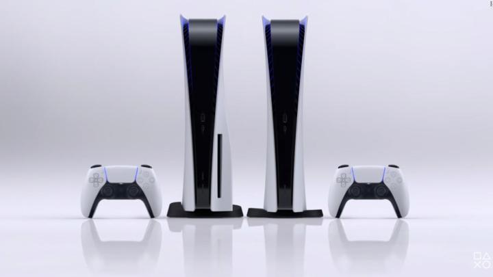 Two PlayStation 5 consoles with DualSense controllers. 