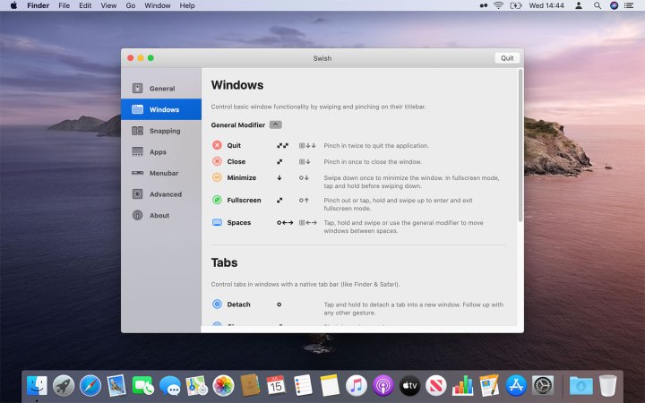 Les options macOS pour l'application Swish, qui vous permettent d'effectuer diverses actions d'un simple glissement ou d'un geste sur un trackpad.