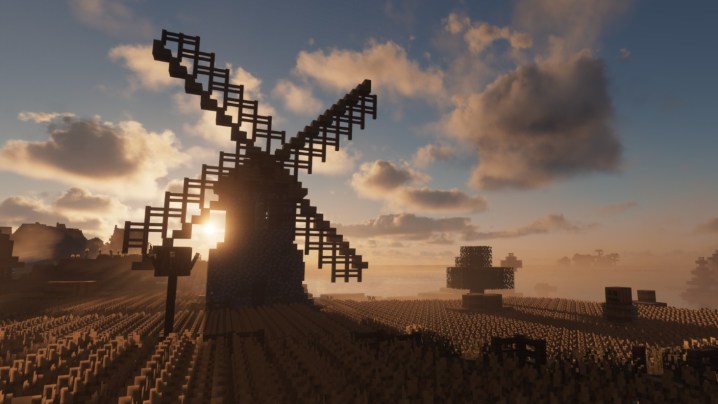 Minecraft screenshot of windmills.