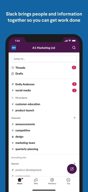 Screenshot of the Slack app showing collaborating and communicating with team mates
