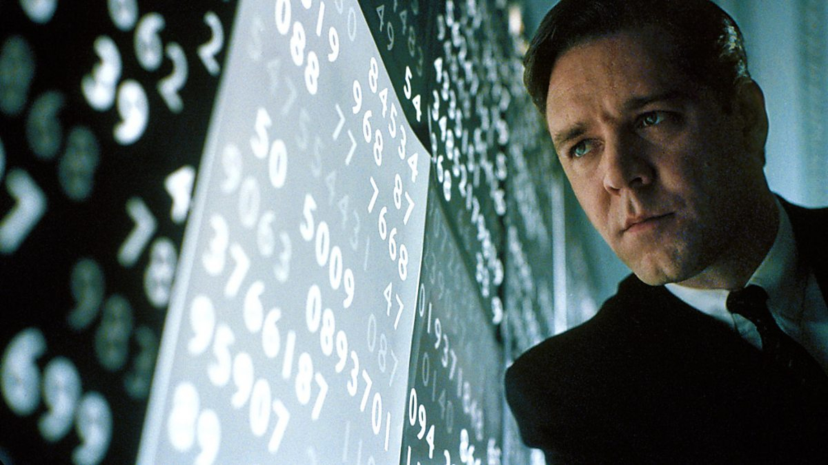 Russell Crowe stares at numbers on a wall in A Beautiful Mind.
