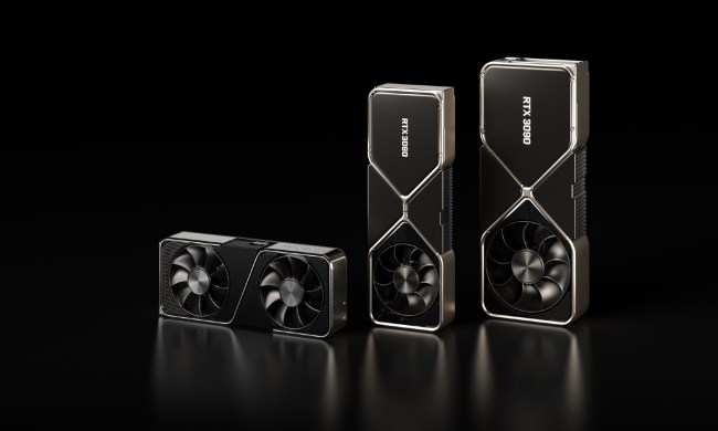 Three Nvidia GeForce RTX 30-series graphics cards.
