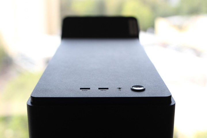 A closeup view of a Lenovo Legion Tower 5i's ports and power button.