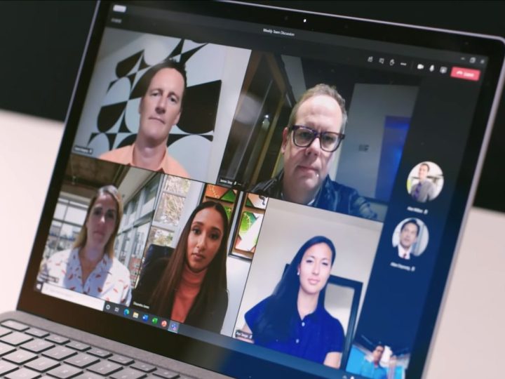 A video call is in progress on Microsoft Teams.