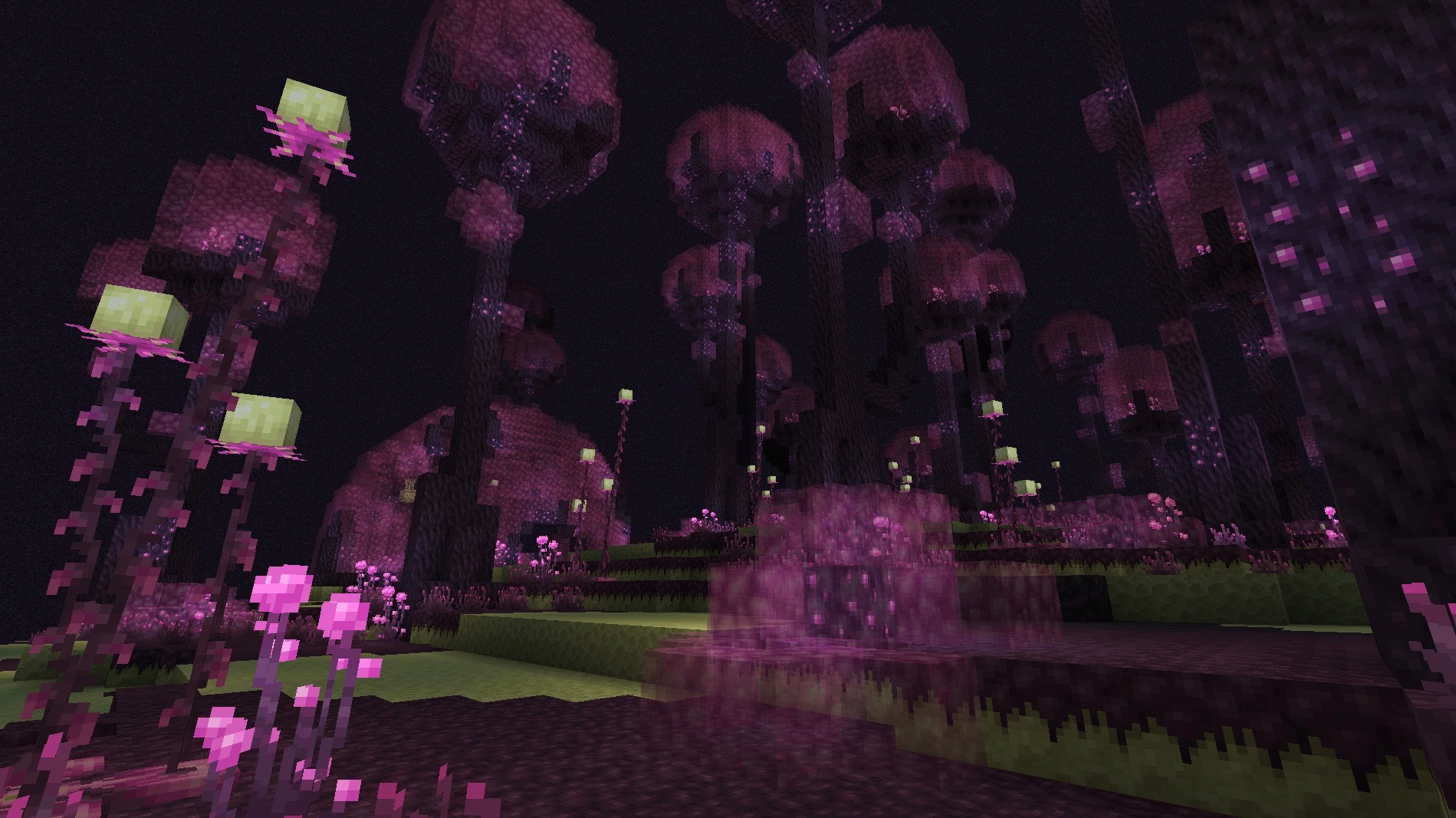 A magical purple forest in Minecraft's The End.