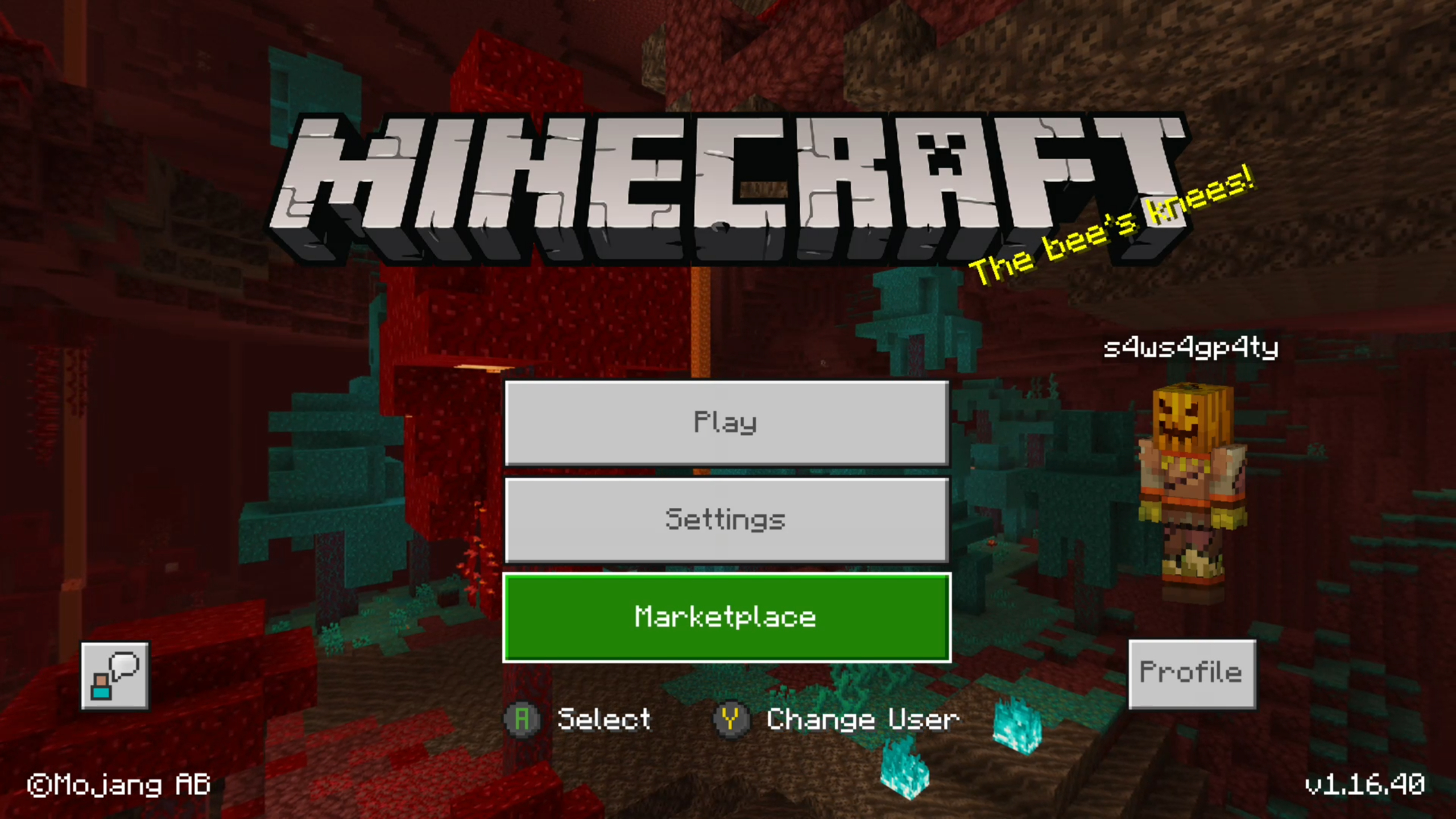 The main menu of Minecraft, with Marketplace option highlighted.